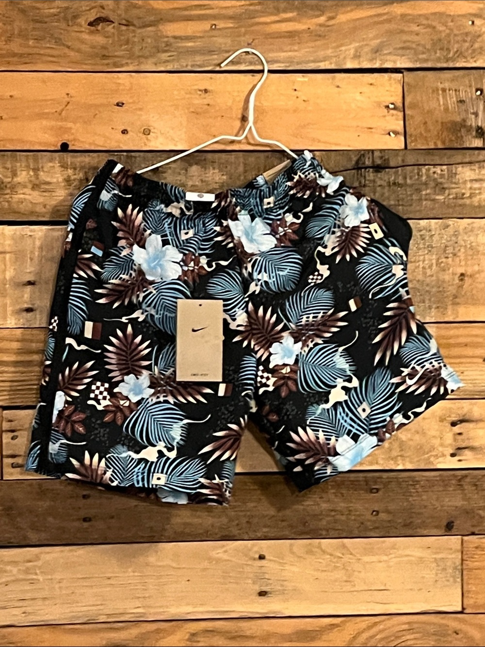 Nike Boys Black Tropical Floral Shorts with Blue and Brown Accents